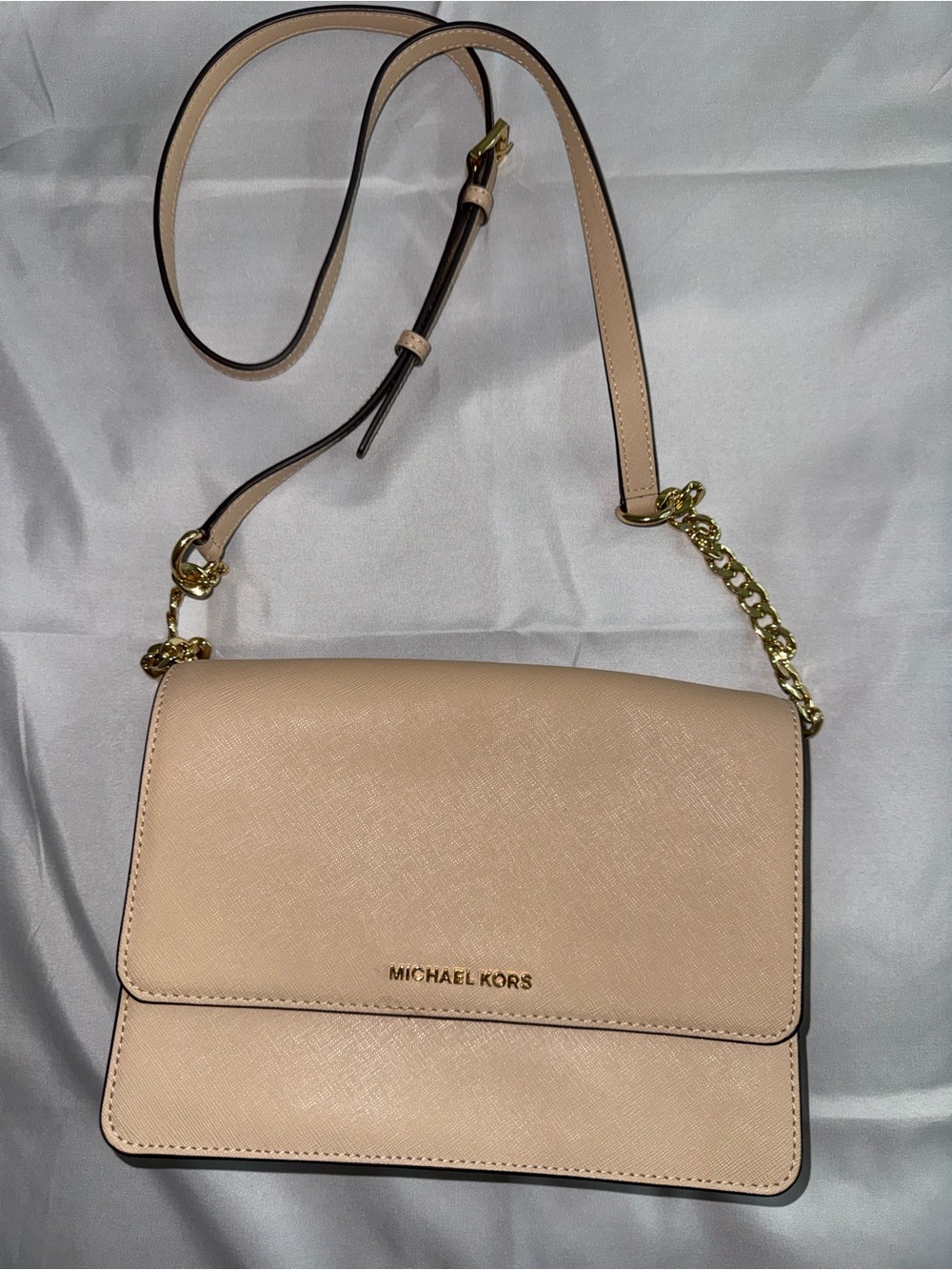 Michael Kors Pale Blush Saffiano Leather Crossbody with Gold Chain